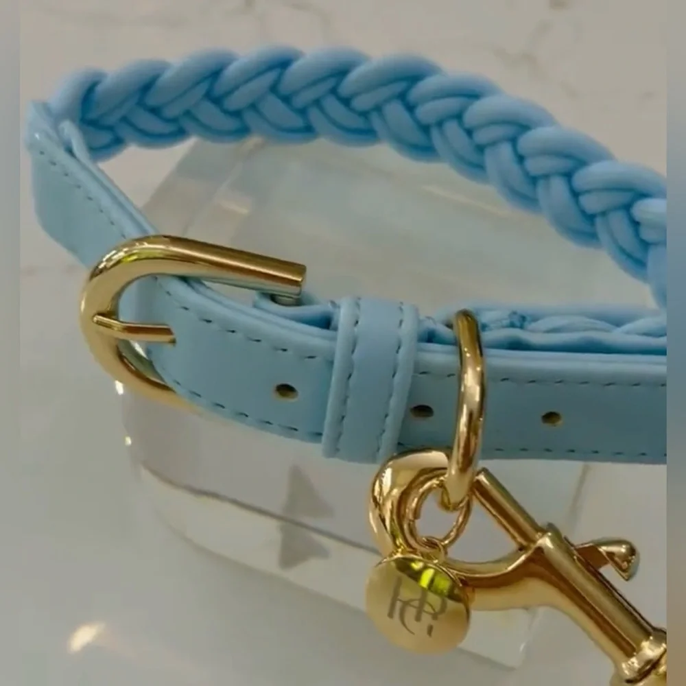 HGP Luxury Blue Weaved Dog Collar Gold Hardware Leather Trim | Small - Picture 2 of 5